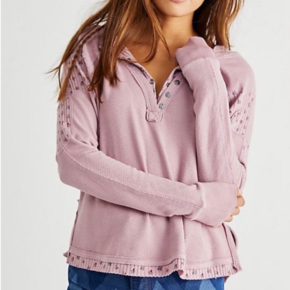 Free People heart to heart Waffle Knit Henley Thermal Top Pink Floral Medium